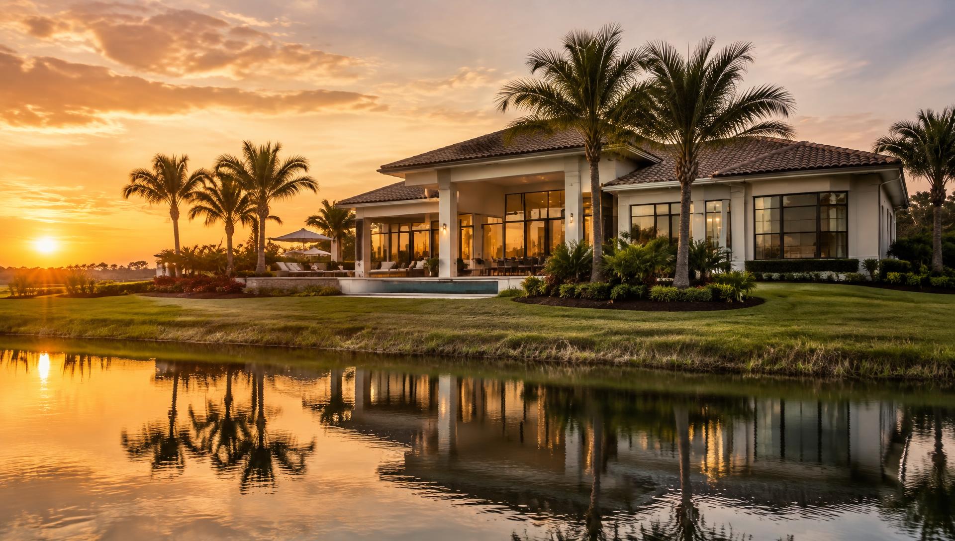 A Central Florida home at golden hour beside a still lake